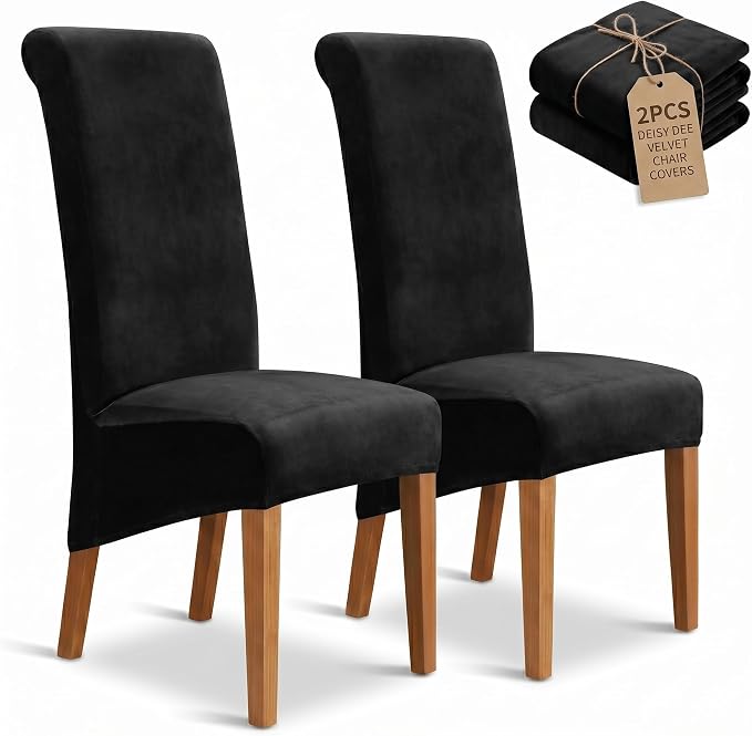 Deisy Dee Stretch XL/Oversized Extra Large Velvet Dining Room Chair Covers for Kitchen Dining，Removable Washable Chair Protectors Slipcovers (Black, 2)