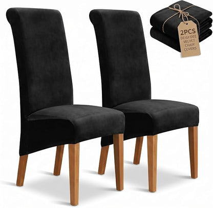 Deisy Dee Stretch XL/Oversized Extra Large Velvet Dining Room Chair Covers for Kitchen Dining，Removable Washable Chair Protectors Slipcovers (Black, 2)