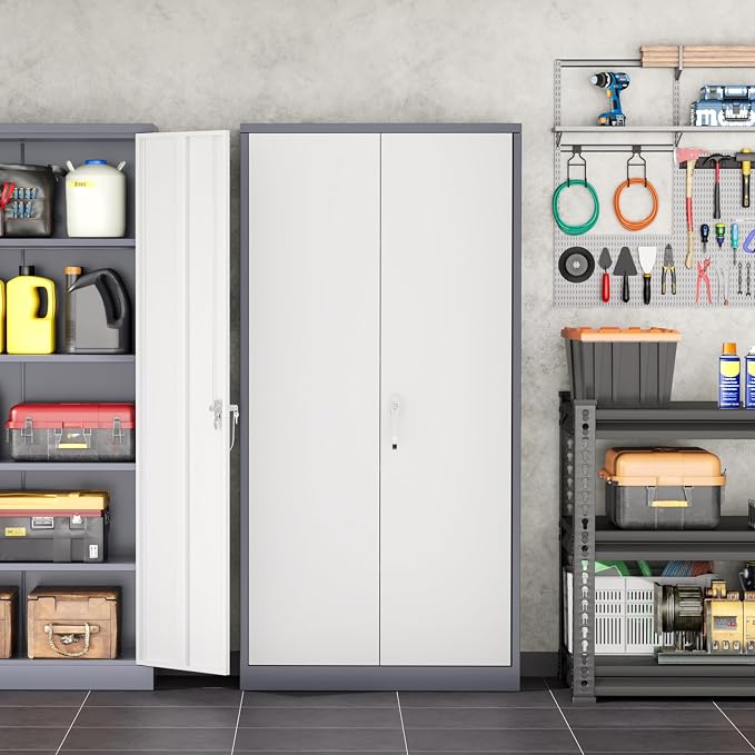 INTERGREAT Metal Garage Storage Cabinet with Lock, 72" Storage Cabinet with Locking Doors and 4 Adjustable Shelves, Lockable Steel Tool Cabinet for Home Office, School, Double Grey