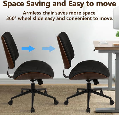 CLATINA Office Chair Armless with Wheels, Mid-Century Modern Walnut Desk Chair, Adjustable Height Reading Chair, PU Leather Mid Back & Swivel Computer Chairs for Home Meeting Room Bedroom, Black(2 PK)