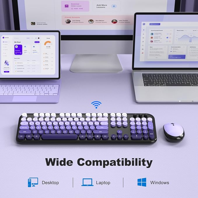 Dilter Wireless Keyboard Mouse Combo, Typewriter Full Size Keyboard and 2 in 1 USB Connected Mouse for Windows 7/8/10, Laptop, Desktop, PC, Computer (Black Purple)