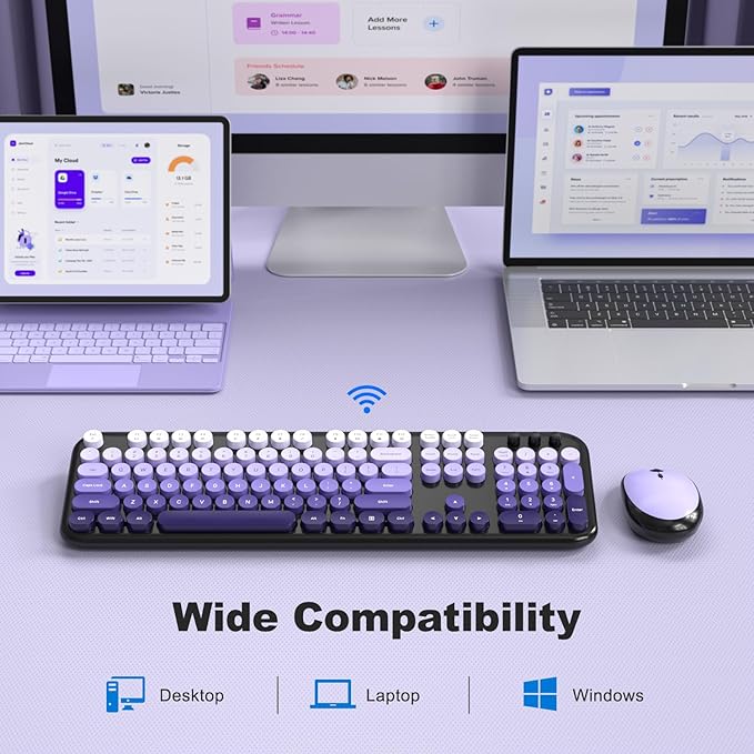 Wireless Keyboard Mouse Combo - Lovely Blackpurple-Gradient Rainbow Full-Sized Typewriter Colorful Keyboards, Round Keycap Plug Play Retro Cute Keyboards for Windows, Laptop, PC, Desktop, Computer