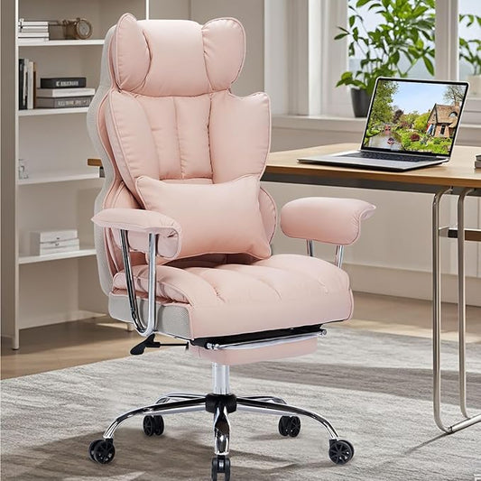 Efomao Big and Tall Office Chair 400LBS - Pink Heavy Duty Executive Office Chair with Footrest, Ergonomic Home Office Desk Chair, Wide Computer Chair for Heavy People | 400lbs support, 135° recline, dual-layer foam cushion, 23.5" seat & footrest. BIFMA