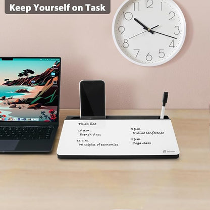 Varhomax Small Glass Desk Whiteboard, Dry Erase Desktop White Board with Storage Caddy to-do List Desk Buddy Memo Notepad for Office, School and Home Office Accessories Supplies (Black & White)