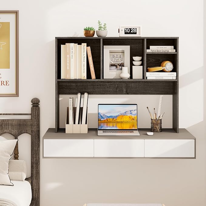 GOFLAME 4 Cubes Desktop Bookshelf, 37” Tabletop Wood Desk Shelf for Computer Monitor, Modern Countertop Desk Display Hutch Storage Organizer Shelf for Home Office, Dorm, Study, Gray
