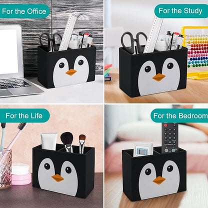 Niapessel Pencil Holder for Desk, Cute Penguin Face Pen Holder Storage Desktop Pen Organizer Desk Pencil Organizer Makeup Brush Holder for Office School College Leather