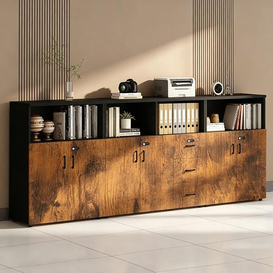File Cabinet with Password Lock, Wood Lateral Filing Cabinet for Letter/A4 Files, 3 Drawer with Door, Printer Stand with Open Shelves for Home Office