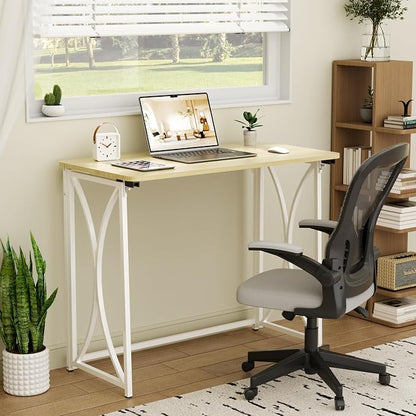 Folding Desk, 31.5" Small Desk for Bedroom, Space Saving Foldable Computer Desk for Home Office, Easy Assembly, Beige