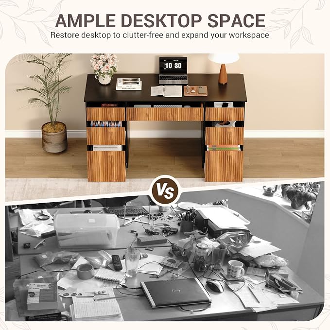 4 EVER WINNER Desk with Drawers, 58" Executive Office Desk with 7 Drawers, Computer Desk with File Drawers for Living Room, Home Office, Study Table for Bedroom, Black