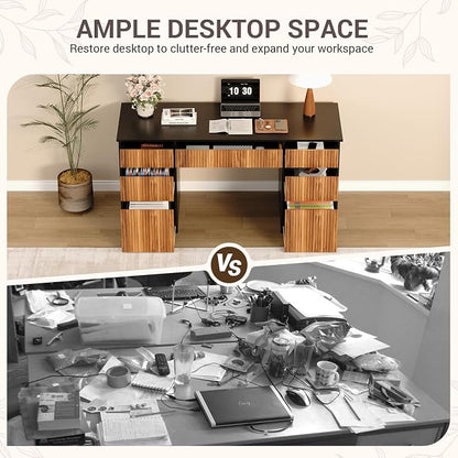 4 EVER WINNER Desk with Drawers, 58" Executive Office Desk with 7 Drawers, Computer Desk with File Drawers for Living Room, Home Office, Study Table for Bedroom, Black