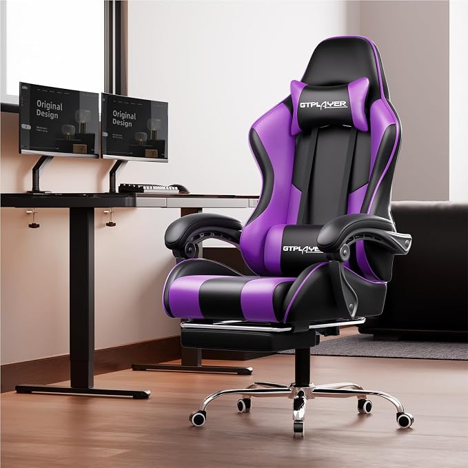 GTPLAYER Gaming Chair, Computer Chair with Footrest and Lumbar Support, Height Adjustable Game Chair with 360°-Swivel Seat and Headrest and for Office or Gaming (Faux Leather, Purple)