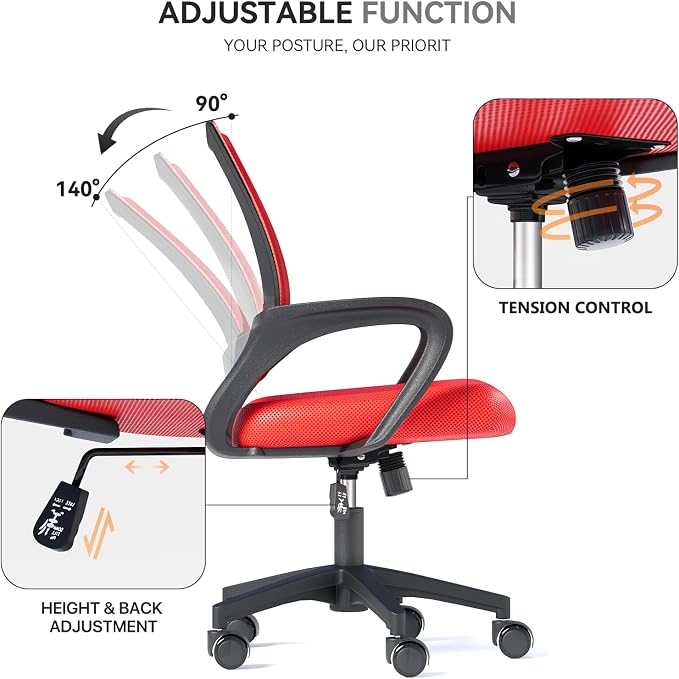 Office Chair, Ergonomic Mid-Back Mesh Desk Chair with Lumbar Support, Adjustable Height Computer Chair with Rolling Wheels Design,Comfy Armrest for Work, Study, Gaming, Red