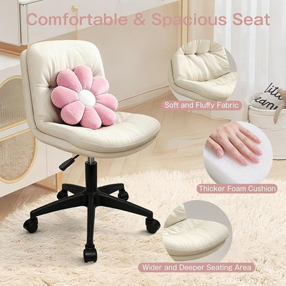 Small Office Desk Chair, PU Leather Armless Swivel Chair with Lumbar Pillow, Height Adjustable Task Chair for Small Spaces, Bedroom & Vanity Beige