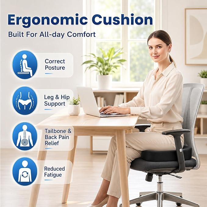 2 Pack Seat Cushion for Office Chairs - Memory Foam Cushions Non-Slip for Car Airplane Travel Driving - Butt Pillow Support for Sciatica and Tailbone Pain Relief, Long Time Sitting