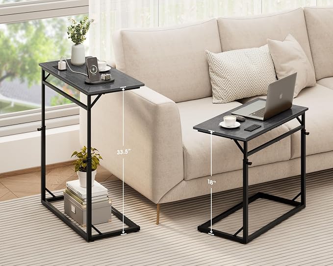 Vagusicc C Shaped End Table with Charging Station, Large C-Table End Table Adjustable Height Side Table for Couch, Sofa Table Slide Under Couch Table TV Tray Table for Living Room, Bedroom,Gray Walnut