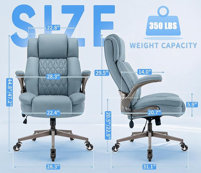 Large High Back Office Chair - Adjustable Lumbar Support Flip Up Arms Heavy Duty Quiet Wheels Metal Base Breathable Bonded Leather Ergonomic Executive Computer Desk Chair with Storage Bags, Blue