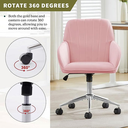 Velvet Home Office Desk Chair, Modern Cute Computer Task Chair with Back, Height Adjustable Upholstered Vanity Chair with Swivel Wheels for Women, Girls (Silver Base, Pink