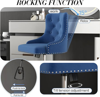 Velvet Armless Home Office Desk Chair, Swivel Height-Adjustable Small Cute Vanity Chair for Women/Girls, Comfy Makeup Chair with Rivet and Gold Base for Living Room, Bedroom(Blue)