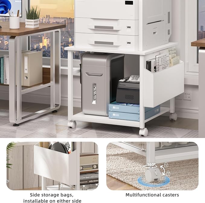 Lerliuo Large Printer Stand with Storage Shelf, 23.6 x 23.6 x 22.8 Industrial Printer Table for Home Office, Rolling Printer Cart Holder with Lockable Wheels, Mobile Mini Fridge Stand Table (White)
