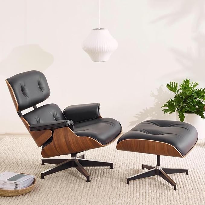 Mid Century Chaise Lounge Chair and Ottoman, Genuine Leather Reading Chair, Modern Chair Classic Design, Heavy Duty Base Support for Living Room Study Lounge Office,Tall Upgraded, Walnut Black