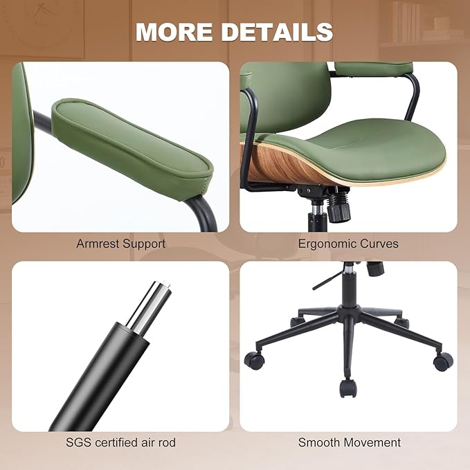 Mid Century Modern Office Chair with Adjustable Backrest, Wooden Desk Chair with Armrests, Swivel Height Adjustable Home Office Chair, Comfortable Task Chair for Home Office, Green