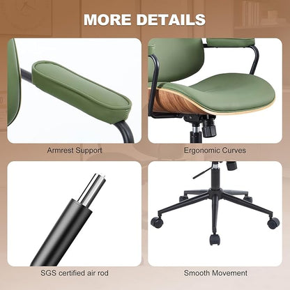 Mid Century Modern Office Chair with Adjustable Backrest, Wooden Desk Chair with Armrests, Swivel Height Adjustable Home Office Chair, Comfortable Task Chair for Home Office, Green