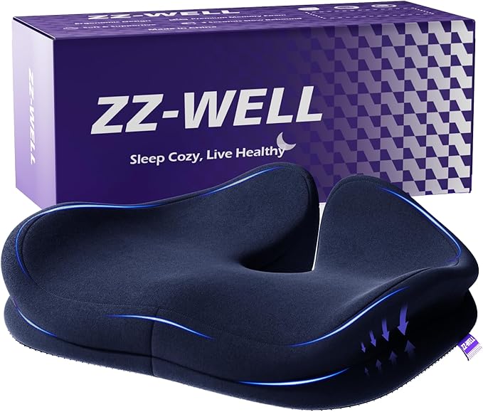 ZZ-WELL Seat Cushions for Office Chairs, Coccyx Cushion for Tailbone Pain Pressure Relief, Memory Foam Butt Pillows for Long Sitting, Patented Design, Extra Large & Thick, 21.2 Inches (Navy Blue)