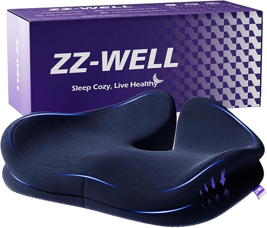 ZZ-WELL Seat Cushions for Office Chairs, Coccyx Cushion for Tailbone Pain Pressure Relief, Memory Foam Butt Pillows for Long Sitting, Patented Design, Extra Large & Thick, 21.2 Inches (Navy Blue)