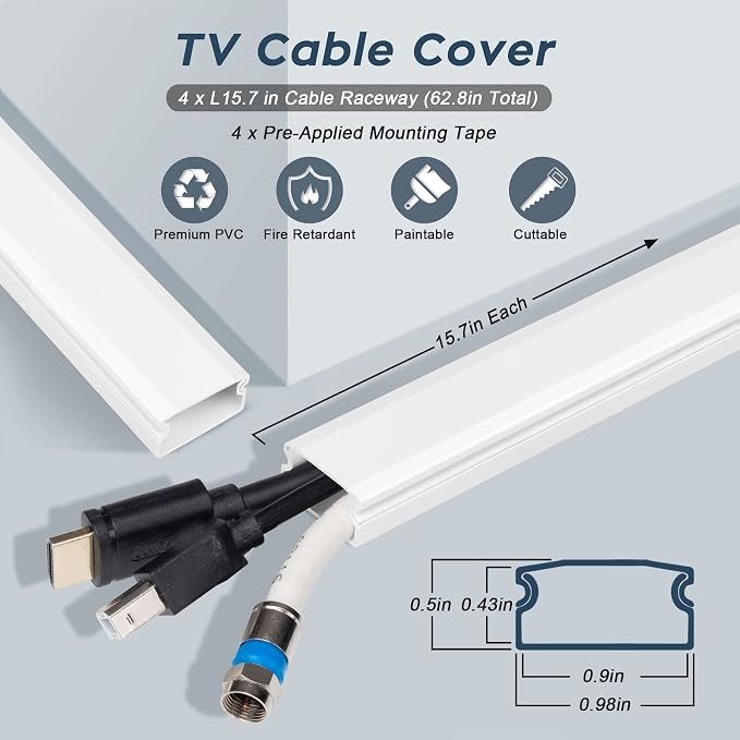 62.8in Cable Cover Wall, Beige Wire Cover for Wall, Paintable Cord Cover Wall Kit, Cord Hiders for TV on Wall, Hide Cords Wall Mounted TV - Cord Concealer Cable Channel 4xL15.7in W0.98in H0.5in