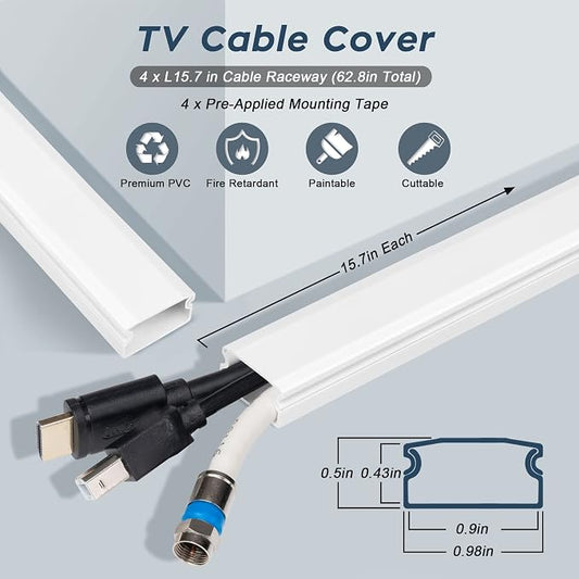 Cable Cover, 62.8in Black Cord Hider for TV, Paintable Cord Cover Kit, Hide Cords - Cord Concealer Cable Channel 4xL15.7in W0.98in H0.5in