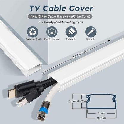 Cable Cover, 62.8in Paintable Cord Cover Kit, Hide Cords for TV, Cord Concealer Cable Channel 4xL15.7in W0.98in H0.5in
