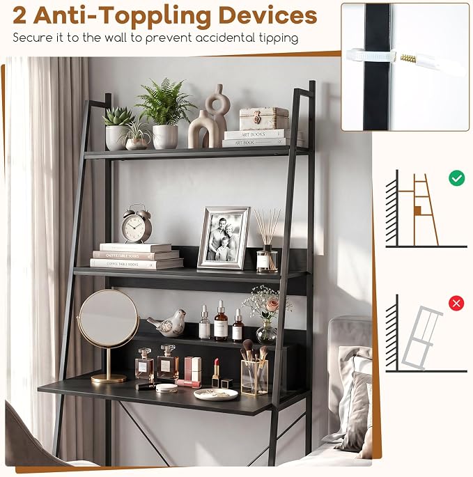 Tangkula 3-Tier Ladder Computer Desk, 71 Inch Modern Writing Desk with Storage Shelves, PC Laptop Workstation, Ladder Bookcase Stand Shelf with Metal Frame, Study Shelf Desk for Home Office (Black)