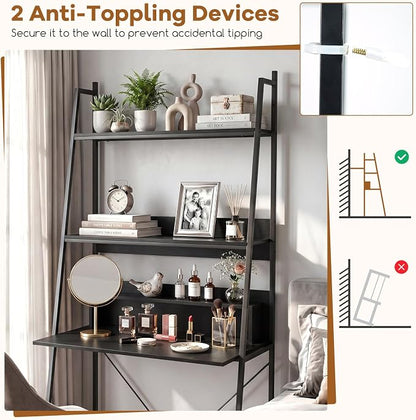 Tangkula 3-Tier Ladder Computer Desk, 71 Inch Modern Writing Desk with Storage Shelves, PC Laptop Workstation, Ladder Bookcase Stand Shelf with Metal Frame, Study Shelf Desk for Home Office (Black)