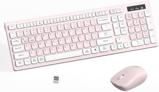 Wireless Keyboard and Mouse Combo, Reccazr 2.4G Full-Sized Keyboard and Mouse Cordless, 3 DPI Adjustable Mouse, Dual-System Keyboard for Computer/Laptop/Windows/Mac (Pink & White)