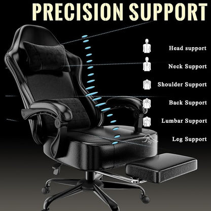 Video Game Chair for Adults, Massage Gaming Chair with Footrest, Adjustable Lumbar Pillow Gamer Chair for Kids, Comfortable Computer Chair with Leg Rest