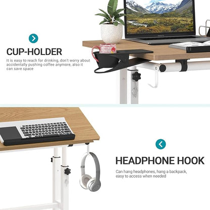 Small Standing Desk with Removable Cup Holder, Height Adjustable Mobile Laptop Stand on Wheels, Ergonomic Rolling Computer Workstation for Home Office, Portable Overbed Table for Couch & Bed, Khaki