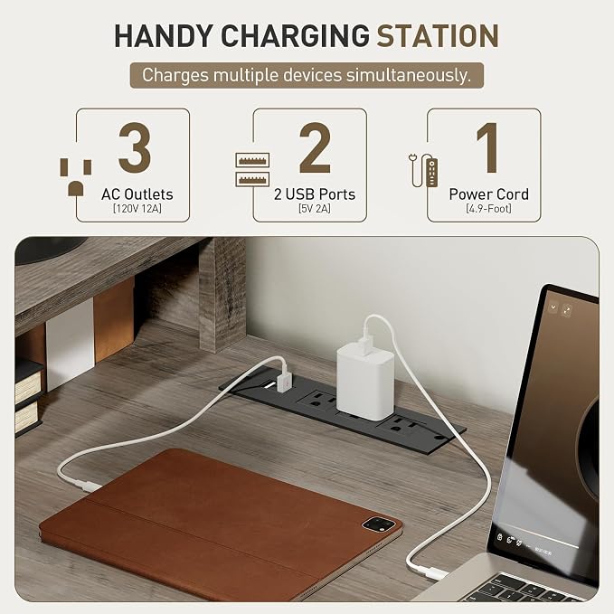 RALGEND Farmhouse 69" Executive L Shaped Desk with Drawer, Home Office Desk with Charging Station, Corner Computer Desk with Monitor Stand, File Drawer, Storage Cabinet, Greige