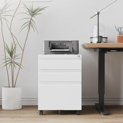 RAVIGIN 3 Drawer File Cabinet，Mobile Filing Cabinet with Lock and Wheels，Un-Assembled Metal Under Desk File Cabinets for A4/Letter/Legal Size（White