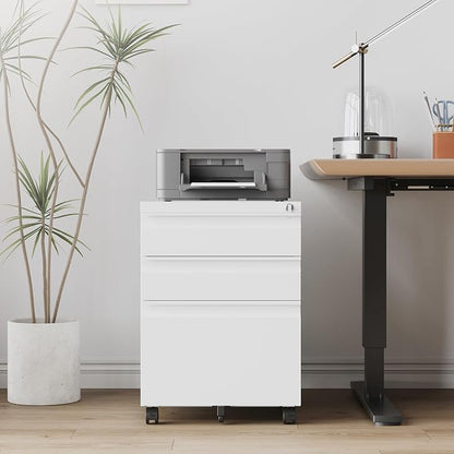 RAVIGIN 3 Drawer File Cabinet，Mobile Filing Cabinet with Lock and Wheels，Fully Assembled Metal Under Desk File Cabinets for A4/Letter/Legal Size（White