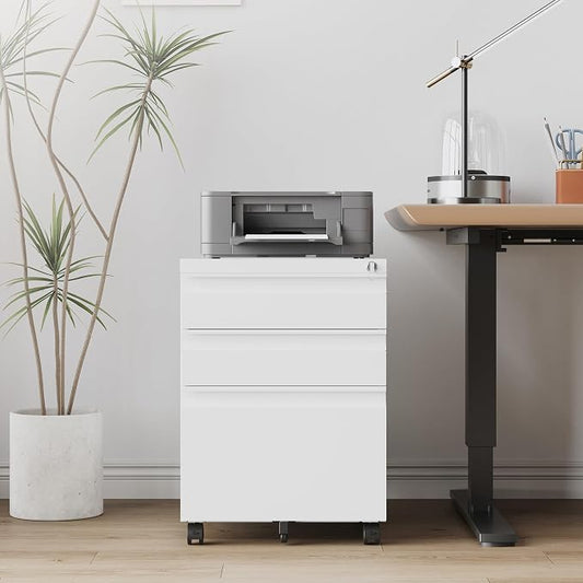 RAVIGIN 3 Drawer File Cabinet，Mobile Filing Cabinet with Lock and Wheels，Fully Assembled Metal Under Desk File Cabinets for A4/Letter/Legal Size（White