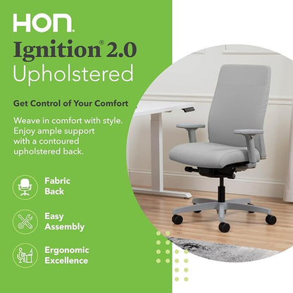 HON Ignition 2.0 Ergonomic Office Chair with Adjustable Arms, Advanced Synchro‑Tilt Recline, Upholstered Desk and Computer Chair for Home Office or Workstation, Titanium Frame, Fog