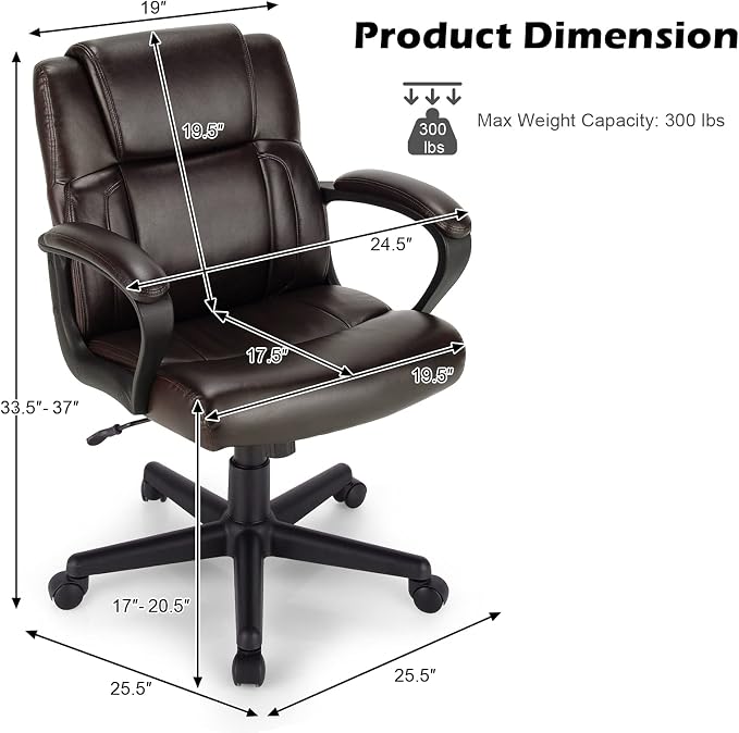 Giantex Leather Executive Chair, Ergonomic Mid Back Computer Desk Chair with 4" Thickened Cushion, Soft Padded Armrests, Height Adjustable Modern Swivel Task Chair for Home Office Study, Brown