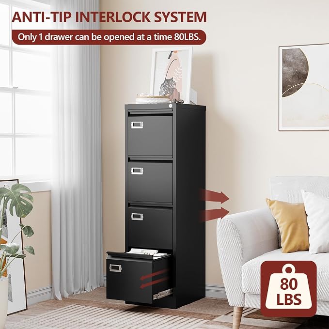 RAVIGIN 4 Drawer File Cabinet with Lock,Vertical Filing Cabinet for Home Office,Metal File Cabinets with Lock,Storage Files for A4/ Legal/Letter, Require Assembly, (Black)