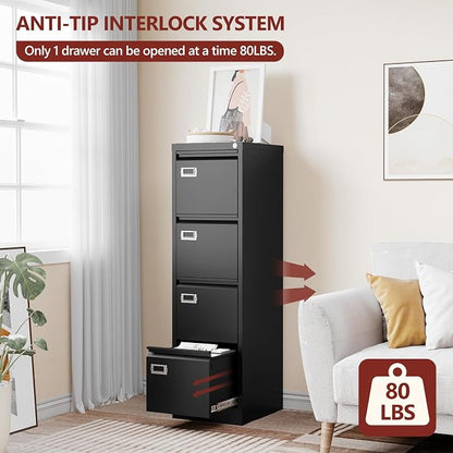 RAVIGIN 4 Drawer File Cabinet with Lock,Vertical Filing Cabinet for Home Office,Metal File Cabinets with Lock,Storage Files for A4/ Legal/Letter, Require Assembly, (Black)
