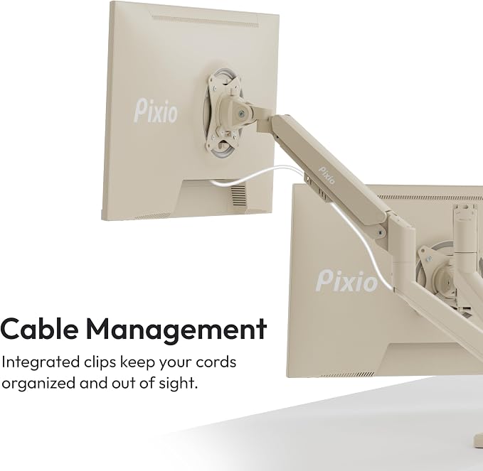 Pixio PS1D Wave Beige Dual Monitor Arm Stand Desk Mount - Fits up to 32 inches Monitors and up to 19.8lbs. VESA Compatibility and Integrated Cable Management