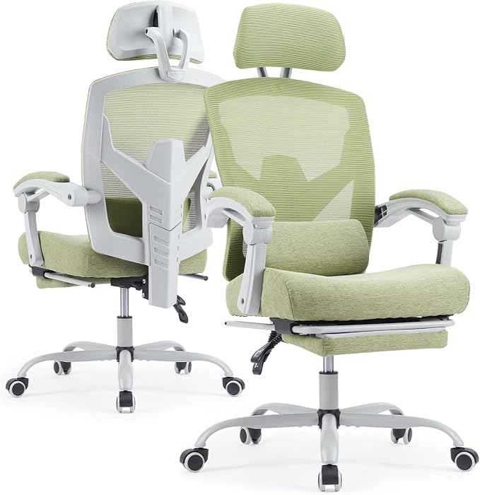 Ergonomic Office Chair with Footrest, High Back Home Desk Computer Chair with Lumbar Support & Headrest, 90-135° Reclining Mesh Back with Wheels for Work, Gaming, Green