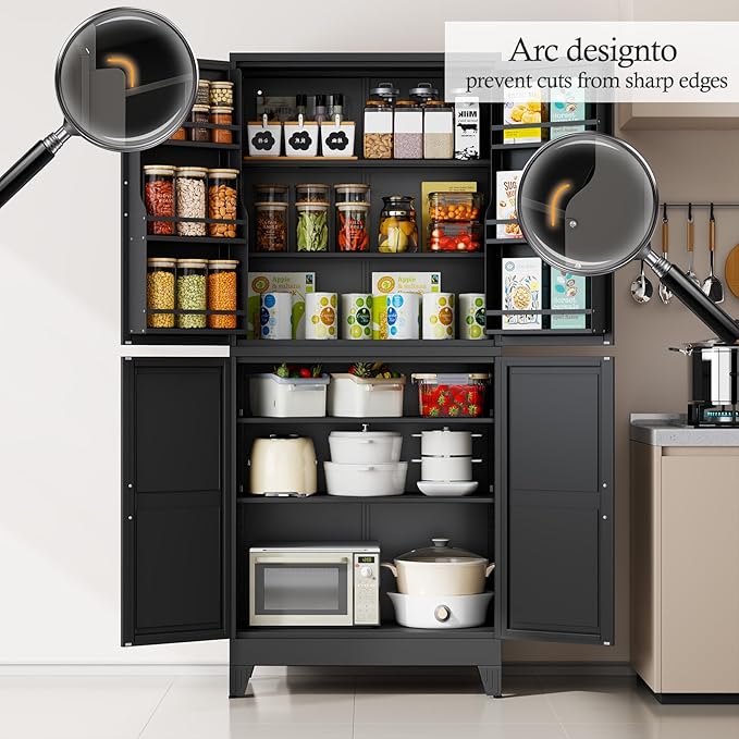 Black Pantry Storage Cabinet, 75" Kitchen Pantry with Doors and 3 Adjustable Shelves, Metal Freestanding Buffet Cupboards Sideboard, for Office, Home, Garage, School