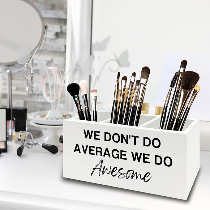 Inspirational Pen Pencil Holder Organizer for Desk, Inspirational Gifts for Women, We Don't Do Average We Do Awesome Motivational Wooden Box Sign for Home Office Desk Tabletop Decorations