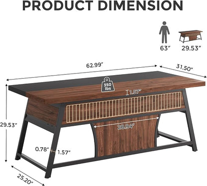 63-inch Executive Desk with Storage Shelf, Large Home Office Desk with Metal Frame & LED Light, Long Computer Desks for Home Office, Walnut and Black