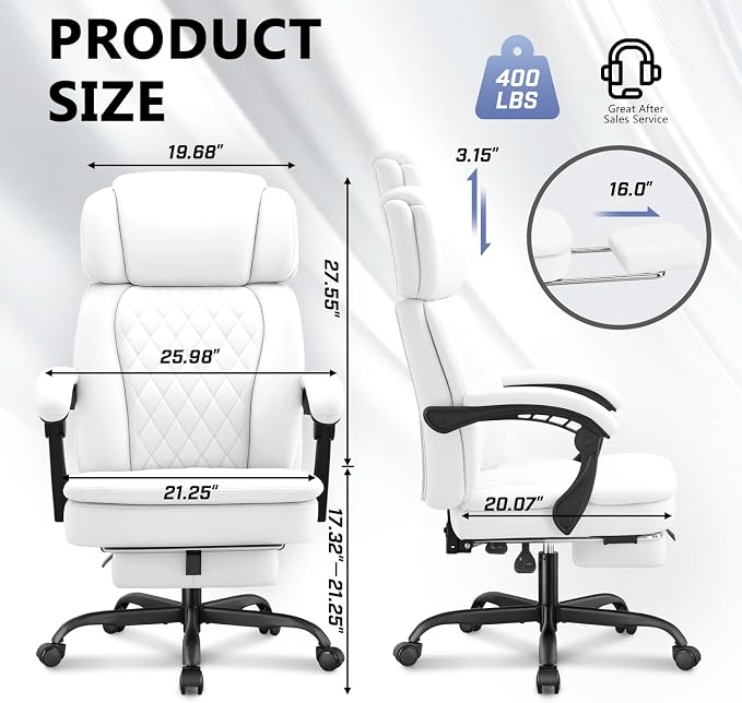 400lbs Office Chair with Foot Rest, Ergonomic Big and Tall Office Chair with Adjustable Headrest, High Back PU Leather Computer Chair,Comfy Heavy Duty Office Desk Chair (Classic White)
